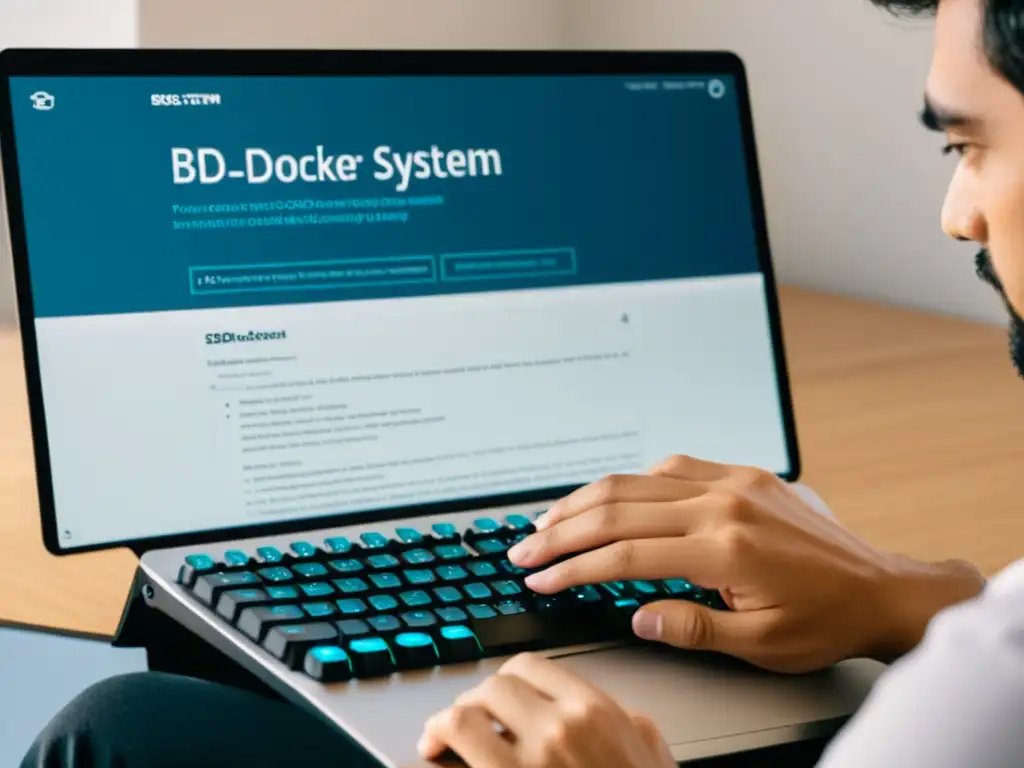 Un experto en sistemas BSD escribe código en un teclado, rodeado de manuales y documentación de Docker