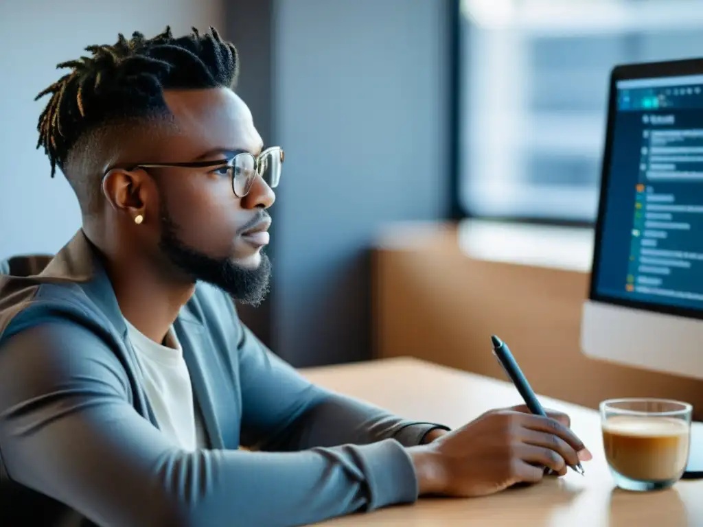 Persona comparando software de código abierto en su escritorio Un experto compara software de código abierto en su escritorio