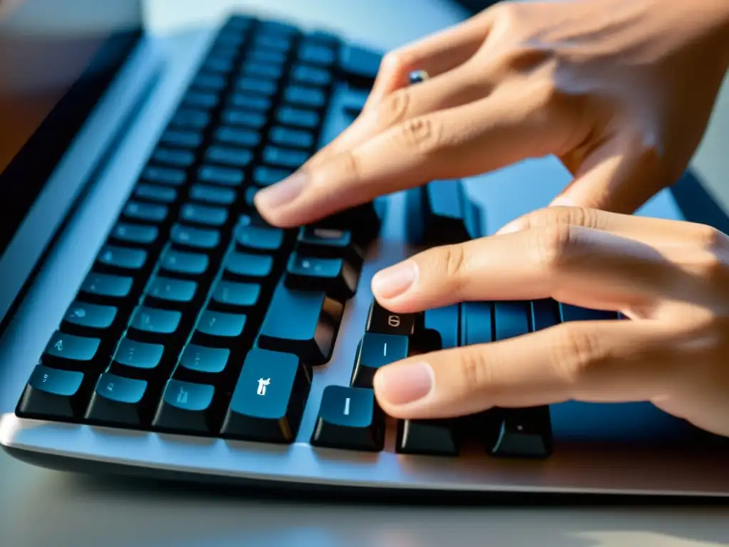 Un experto teclea con precisión en un teclado minimalista con el logo de Linux en la pantalla