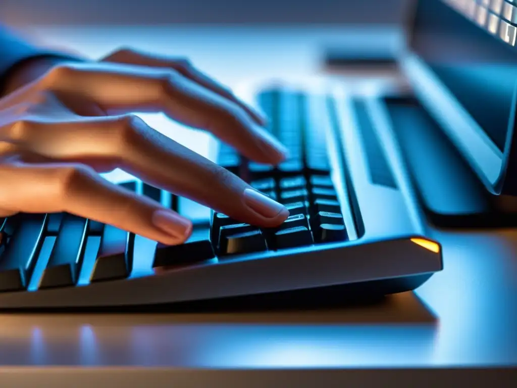 Manos expertas: tecleando con precisión Un experto teclea en un teclado moderno, transmitiendo precisión y profesionalismo durante la transición a Linux guía experta