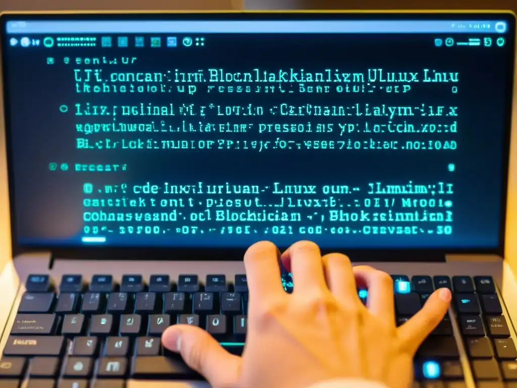 Un experto en tecnología configura nodos de Blockchain en Linux, tecleando en un terminal detallado