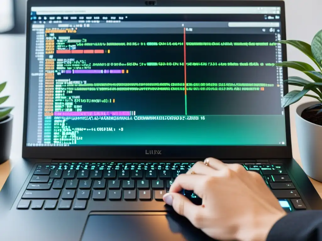 Un experto en Linux utiliza la terminal con gráficos de análisis y un ambiente profesional con libros y plantas