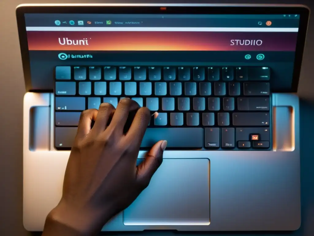 Un experto utiliza el Ubuntu Studio sistema operativo creativos en un moderno portátil