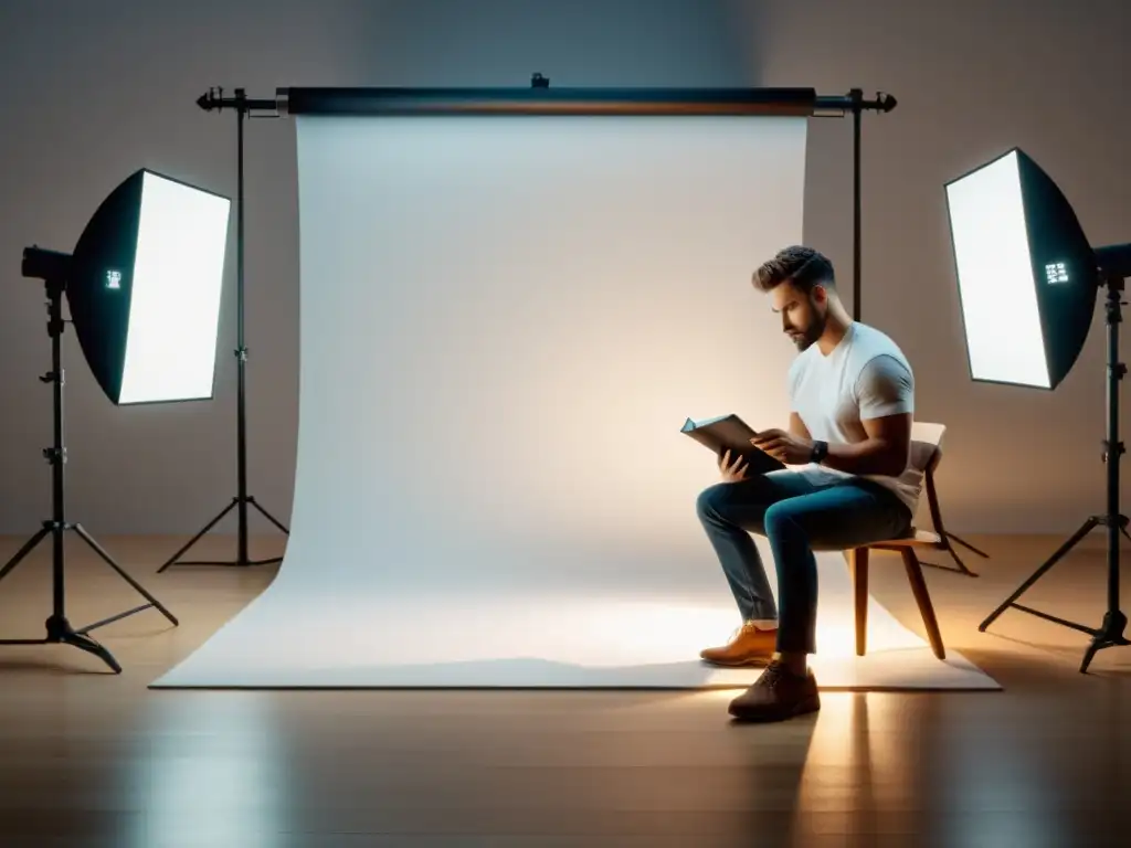 Un fotógrafo profesional ajusta la iluminación y composición de una foto de producto en un estudio bien iluminado