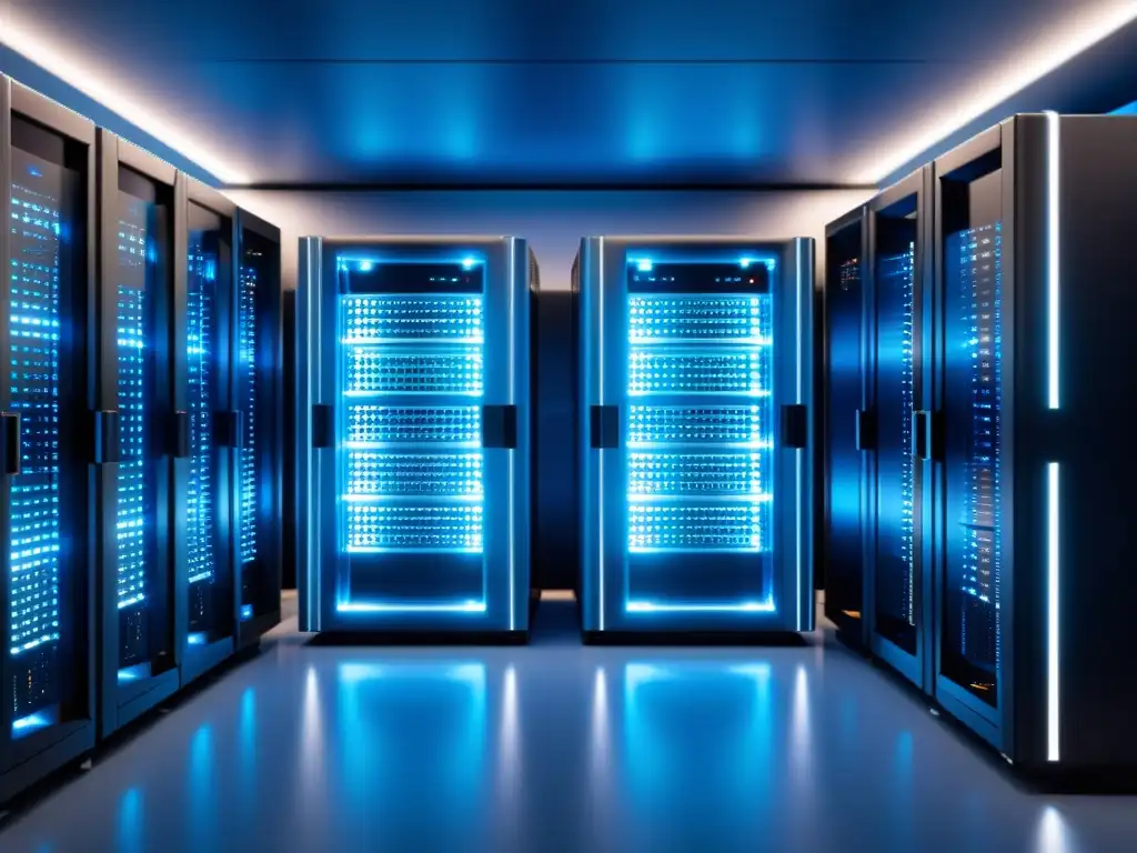 Server room futurista con virtualización en Linux y múltiples SO, conexiones de alta tecnología y elegante diseño en azul suave