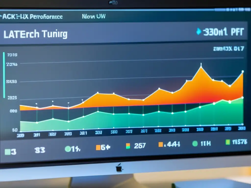 Gráfico de rendimiento de red detallado en monitor de computadora, mostrando mejoras en velocidad y latencia en Linux