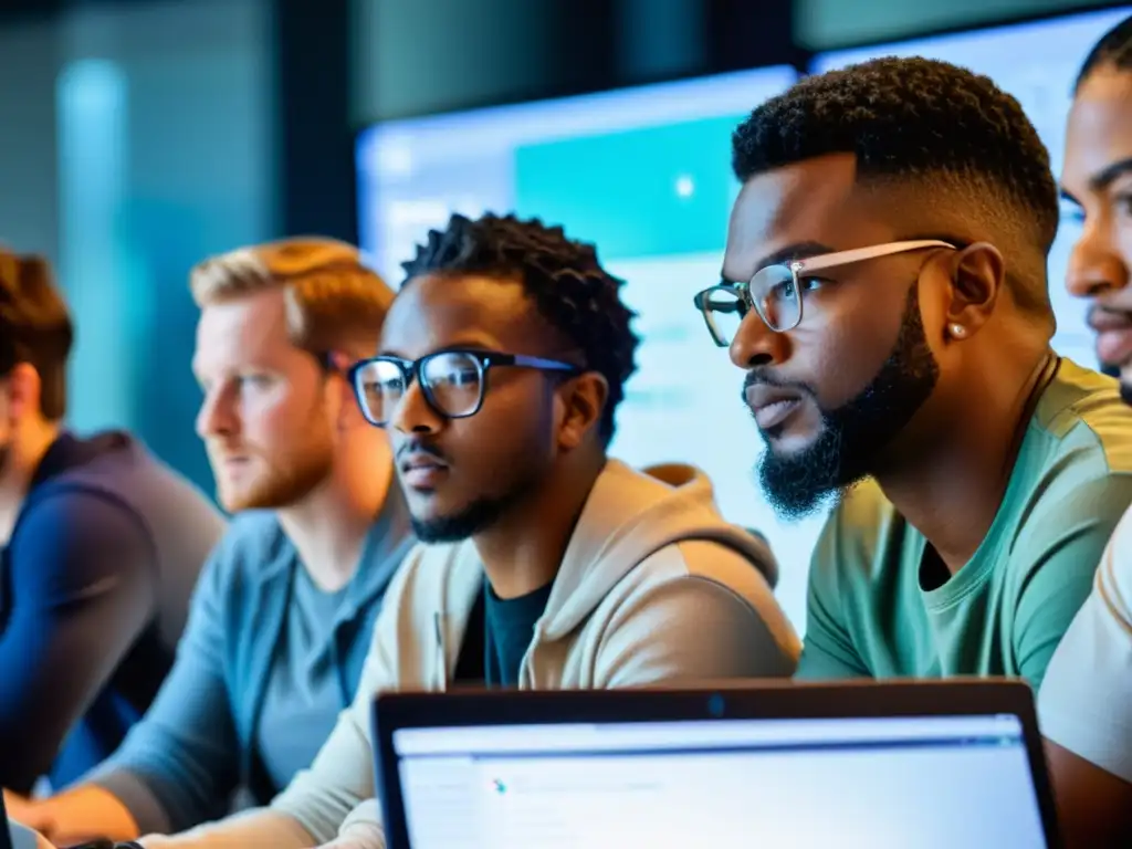 Grupo de desarrolladores de software colaborando en código, con enfoque y discusión