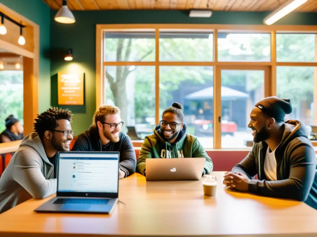 Un grupo diverso disfruta de una animada charla sobre opensource en una cafetería local