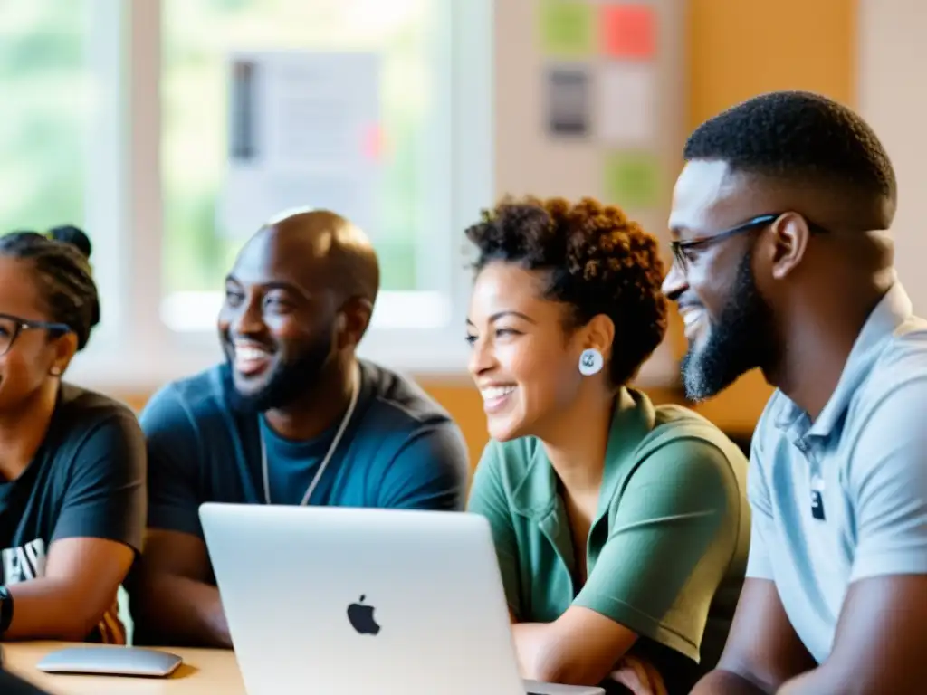 Conversación apasionada: diversidad y colaboración en la comunidad Grupo diverso en animada discusión, con laptops y stickers de código abierto