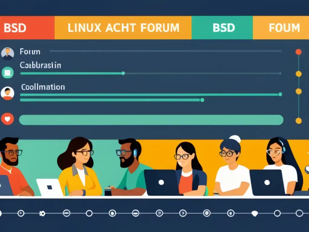 Un grupo diverso y colaborativo participa en un foro virtual sobre Linux y BSD, mostrando la contribución efectiva en foros Linux