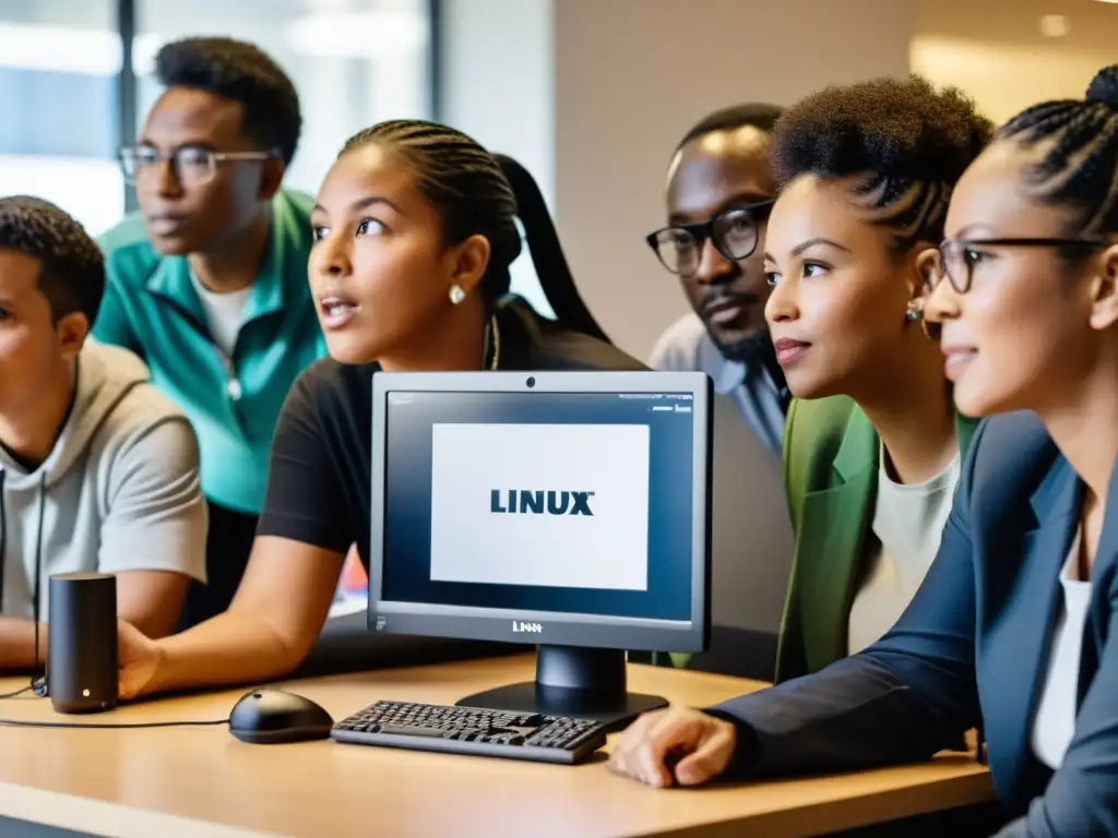 Grupo diverso en comunidad marginada aprende Linux en espacio comunitario iluminado