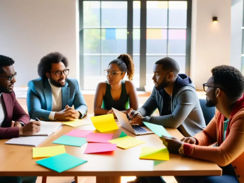 Grupo diverso discute apasionadamente dilemas éticos contribución proyectos código abierto, entre laptops y notas de colores