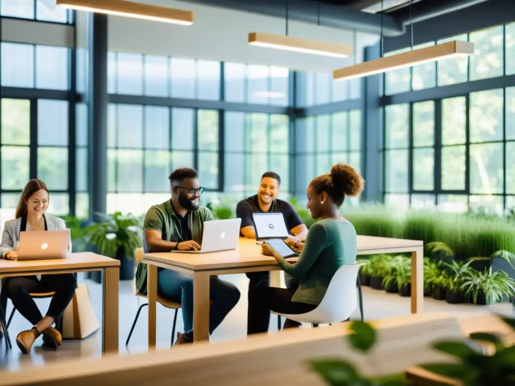 Un grupo diverso trabaja colaborativamente en un espacio de coworking moderno y sostenible, con luz natural y materiales ecofriendly