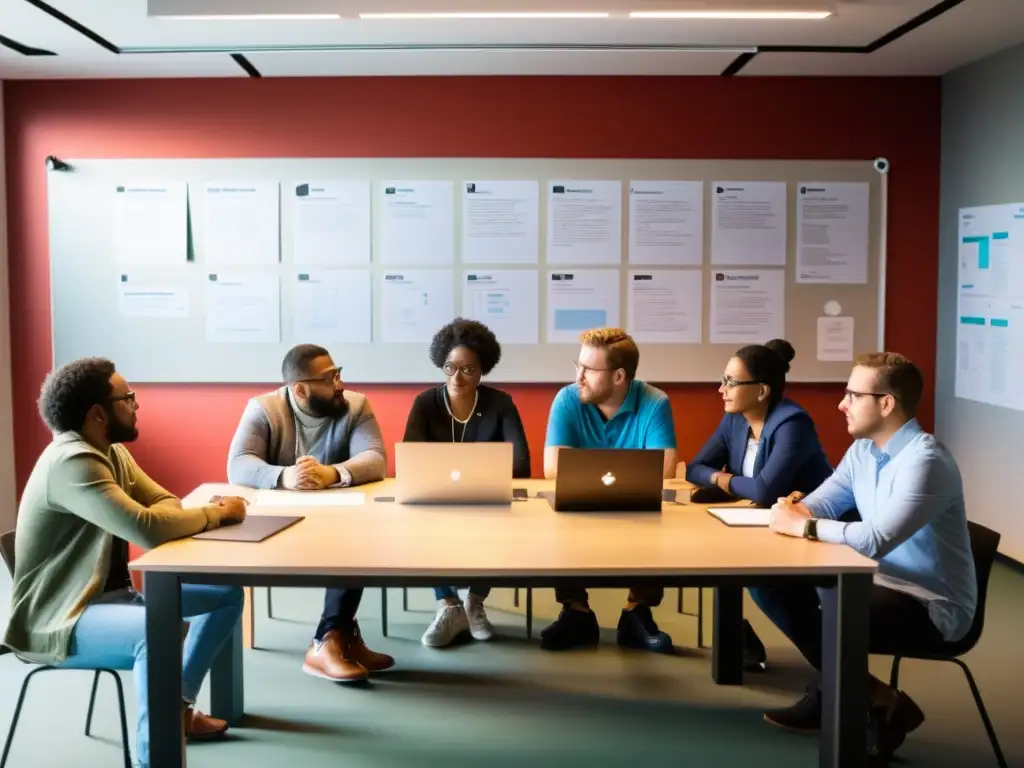 Un grupo diverso colaborando en un espacio luminoso y minimalista, rodeado de posters relacionados con el desarrollo de software libre