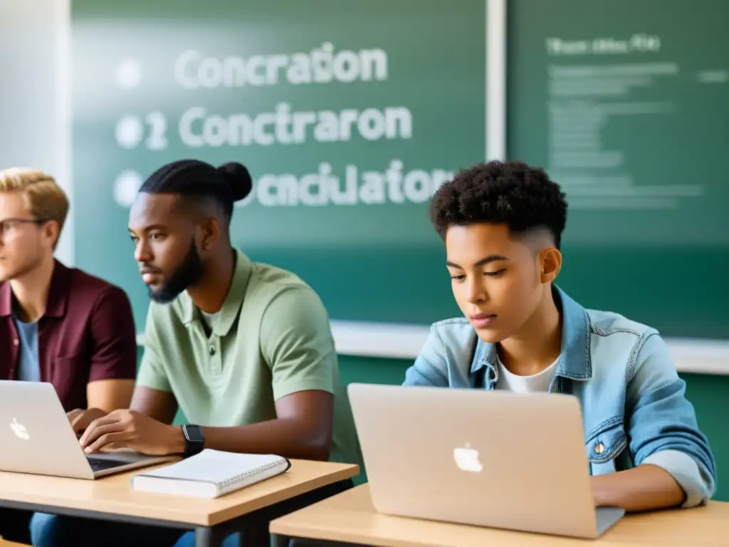 Un grupo diverso de estudiantes concentrados interactúa con plataformas educativas de código abierto en un aula moderna y bien iluminada