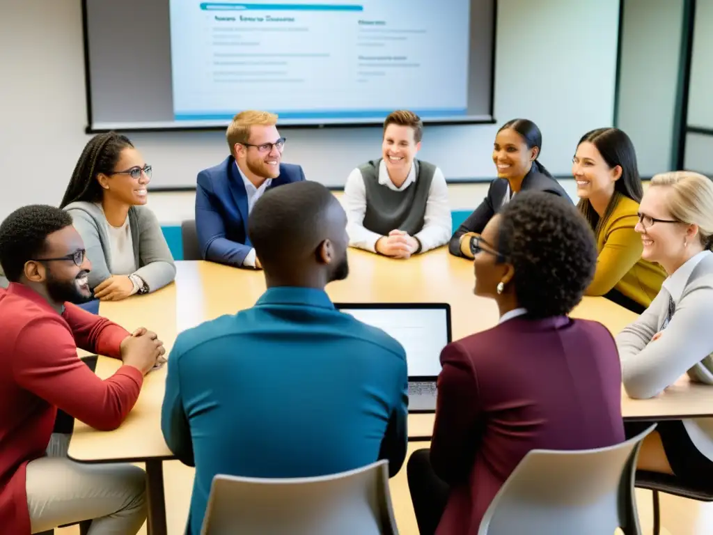 Grupo diverso de estudiantes y profesores colaborando en proyecto con plataformas educativas open source en aula moderna y dinámica