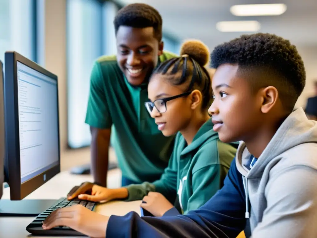 Grupo diverso de estudiantes colaborando en proyecto de programación en aula moderna y luminosa