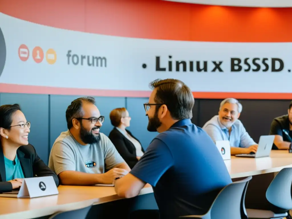 Un grupo diverso de expertos en Linux y BSD participa activamente en un foro, intercambiando conocimientos y creando un ambiente de camaradería