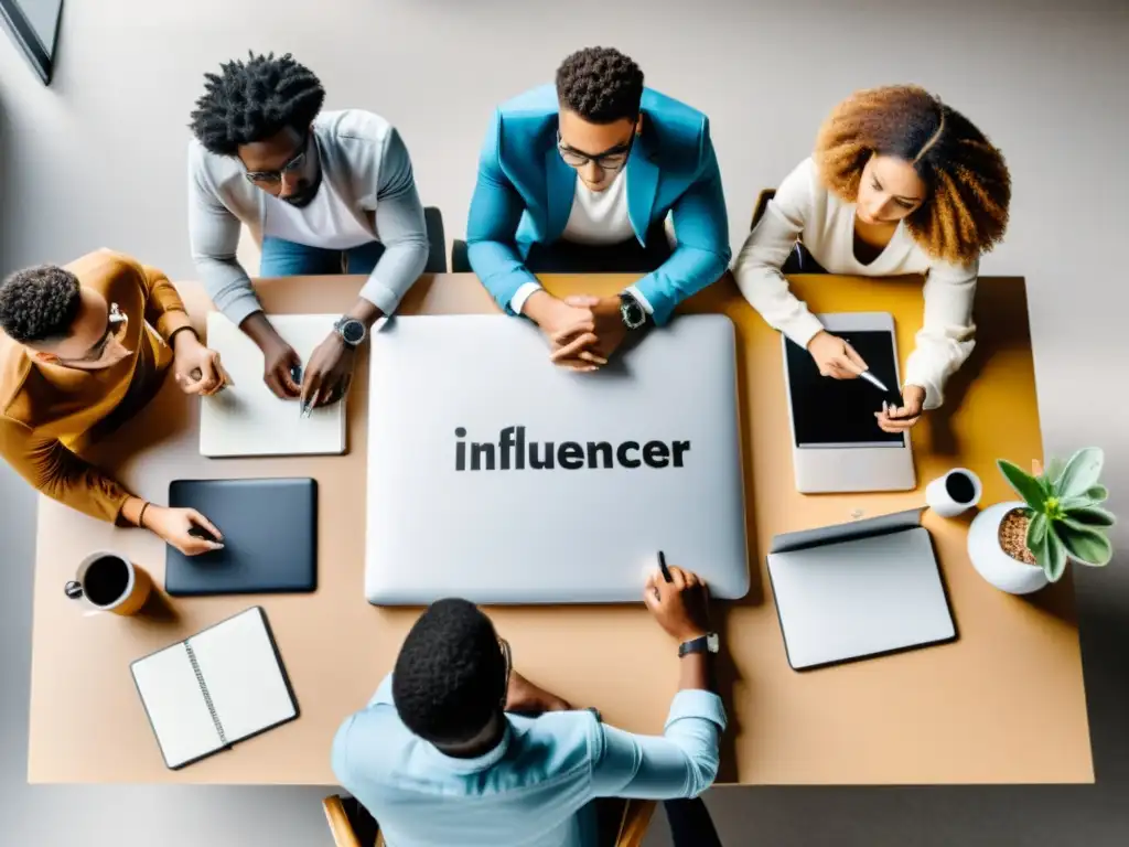 Un grupo diverso de influencers colabora en estrategias de marketing para sistemas operativos alternativos, en un entorno profesional y colaborativo