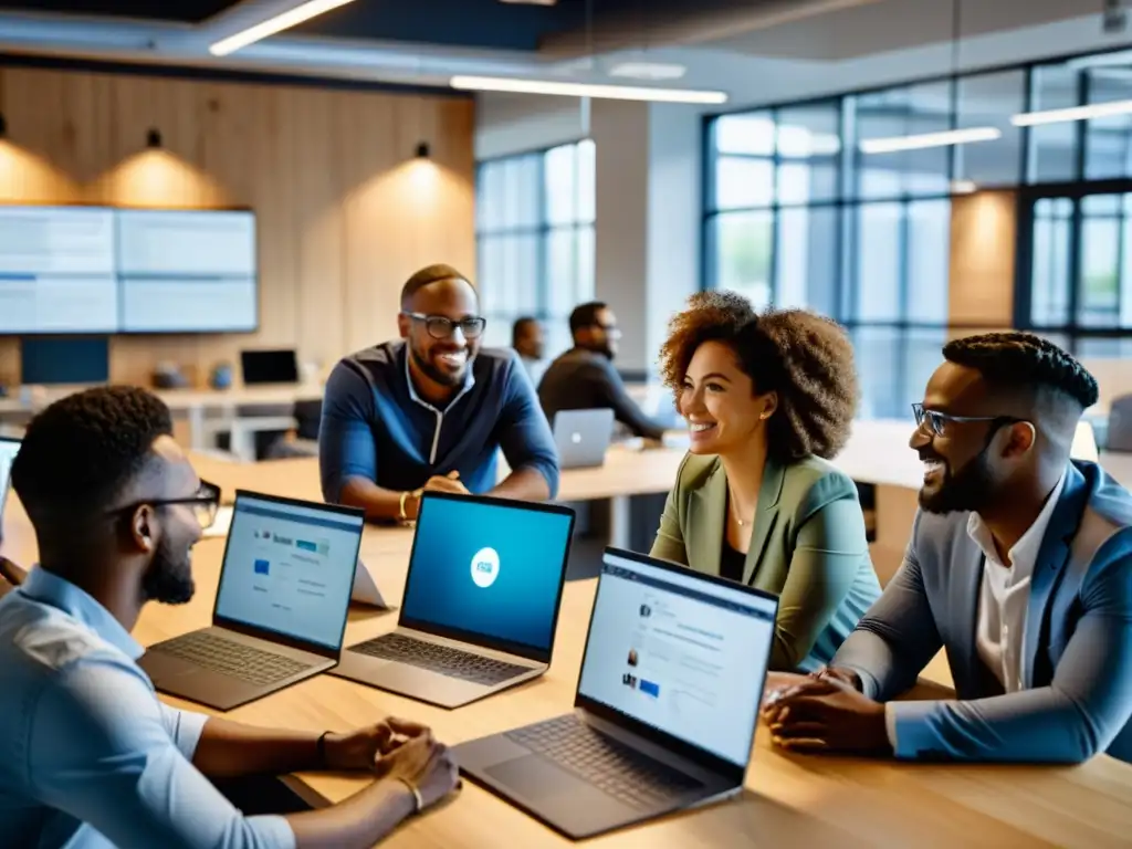 Grupo diverso colaborando en oficina abierta, con pantallas mostrando proyectos de software libre y casos de éxito