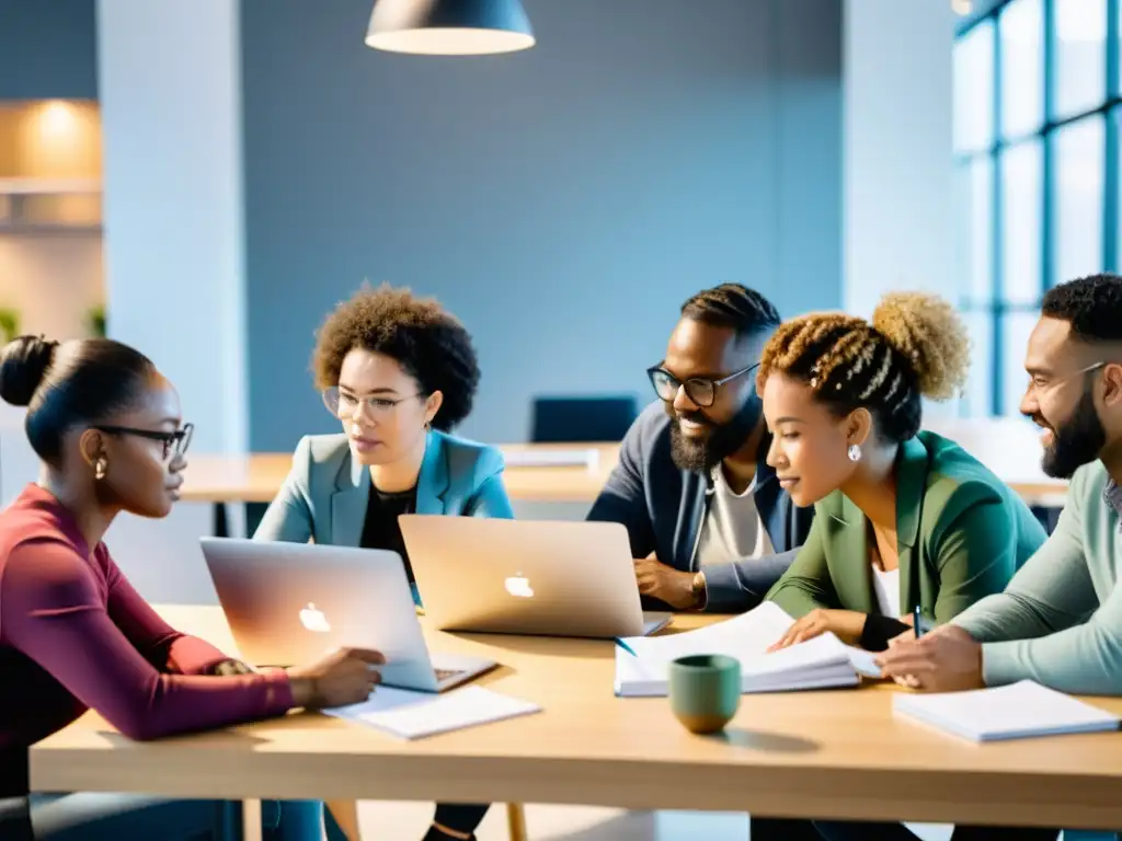 Un grupo diverso de personas estudia juntas en un moderno espacio de coworking, con laptops y cuadernos abiertos