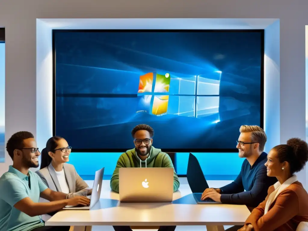 Un grupo diverso de personas usa Windows y Linux en un entorno colaborativo