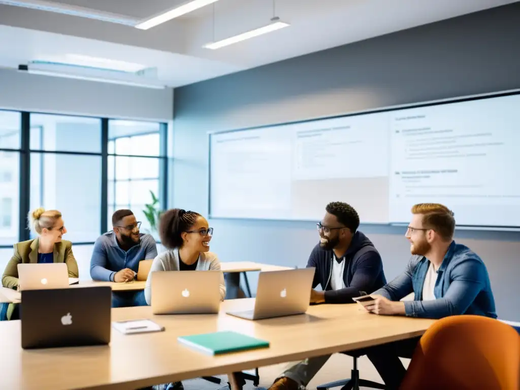 Un grupo diverso colabora en un proyecto de software libre en un espacio moderno y luminoso