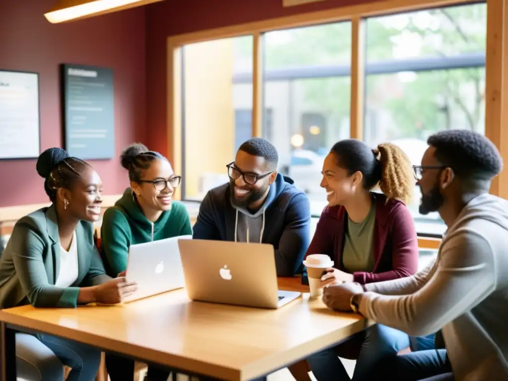 Grupo diverso colabora en proyectos de código abierto en cafetería, fortaleciendo comunidad código abierto con pasión y dedicación