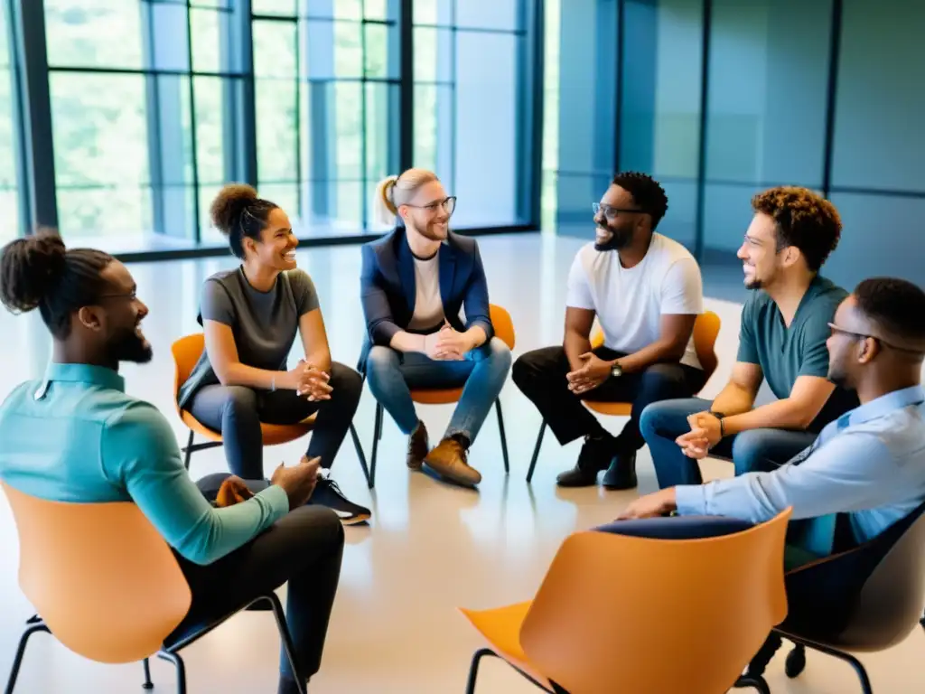 Grupo diverso debatiendo sobre Retos y Oportunidades en Software Libre en una sala luminosa y moderna