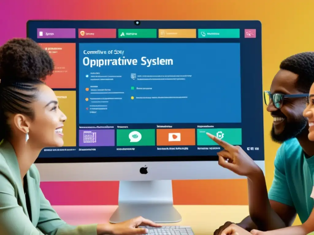Un grupo diverso discute un sistema operativo alternativo en un ambiente colaborativo y acogedor