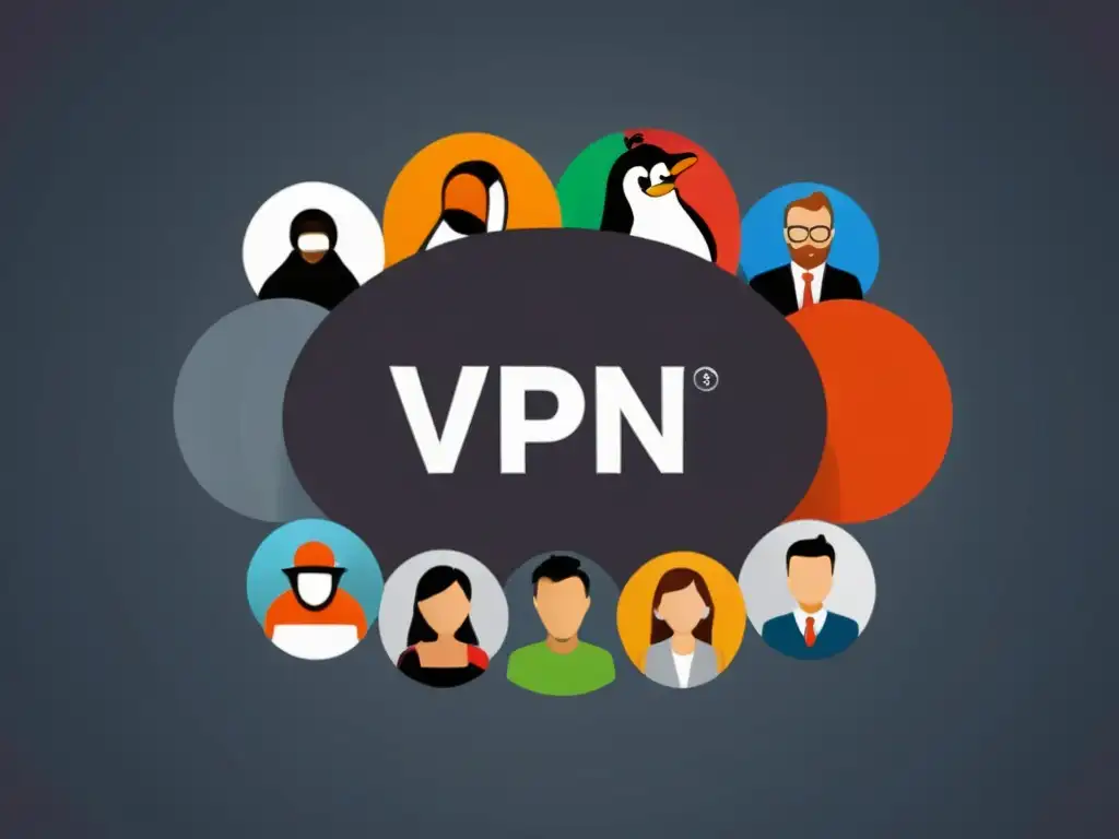 Un grupo diverso de usuarios implementando VPNs en sistemas operativos alternativos como Linux, Ubuntu y FreeBSD, trabajando con concentración