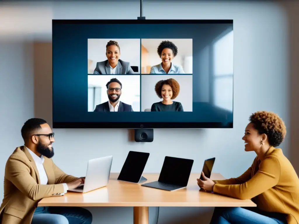 Un grupo diverso se conecta en una videoconferencia usando laptops, tablets y smartphones