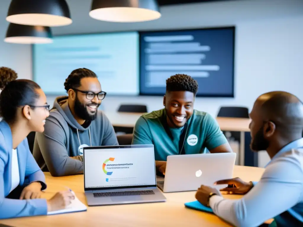 Grupo diverso de voluntarios colaborando en proyectos de software libre en una oficina moderna