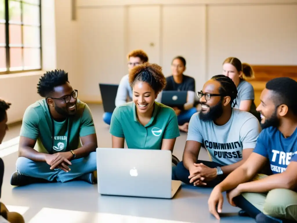 Un grupo diverso de voluntarios colabora en proyectos de software libre en un centro comunitario, en un ambiente de aprendizaje y colaboración