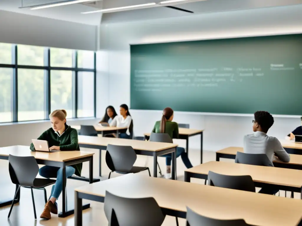 Grupo de estudiantes usando sistemas operativos alternativos en educación en aula moderna llena de luz natural y mobiliario contemporáneo