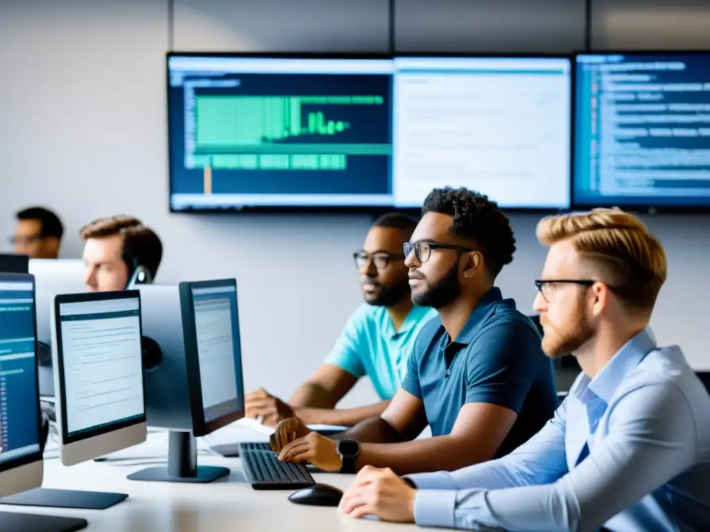 Ingenieros colaborando en sistema operativo de código abierto Un grupo de ingenieros colaborando en la automatización de sistemas operativos open source, inmersos en un entorno profesional y moderno