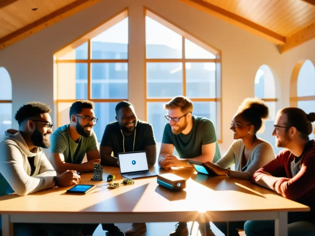 Un grupo colabora alrededor de una mesa con componentes de hardware y dispositivos IoT