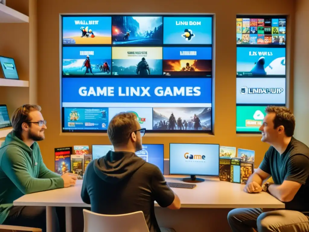 Entusiastas de Linux comparten conocimientos y pasión Un grupo de usuarios de Linux discuten animadamente frente a la computadora, rodeados de juegos y figuras, en una habitación cálida y acogedora