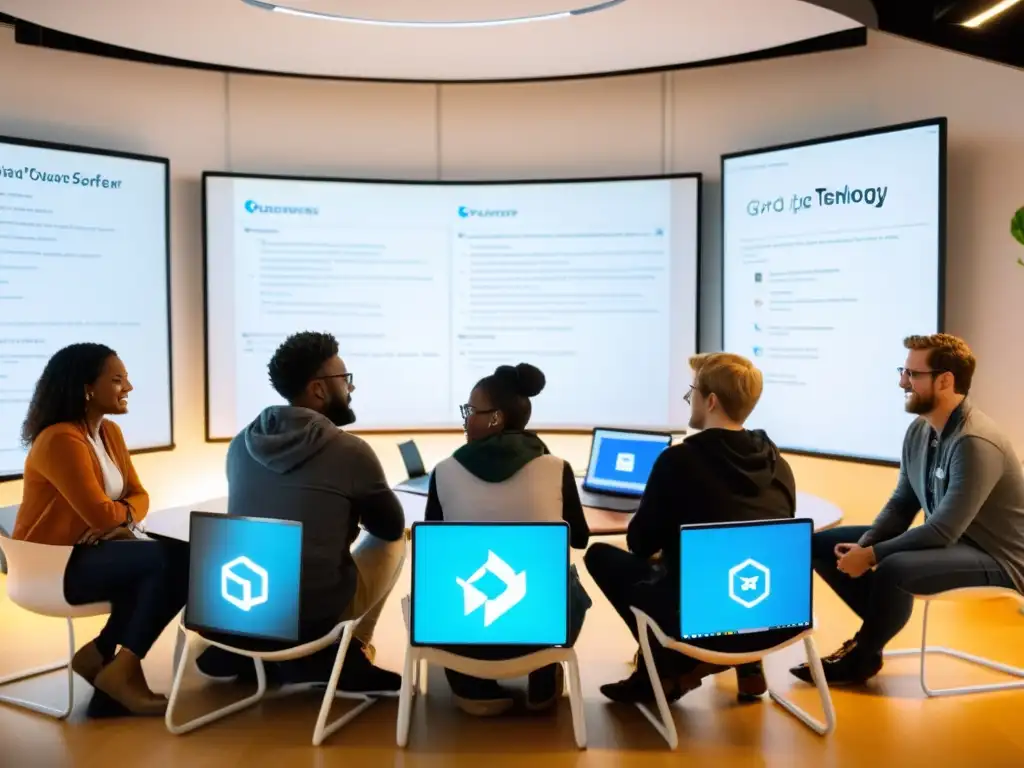 Grupo de voluntarios tecnológicos colaborando en proyectos de Software Libre, mostrando dedicación y trabajo en equipo