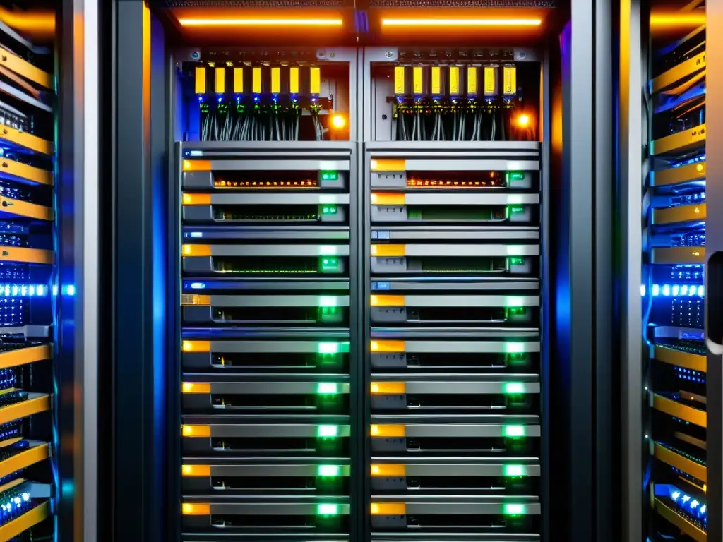 Guardianes del sistema Linux: Detalle de un rack de servidores con cables ordenados y luces parpadeantes, reflejando eficiencia y profesionalismo