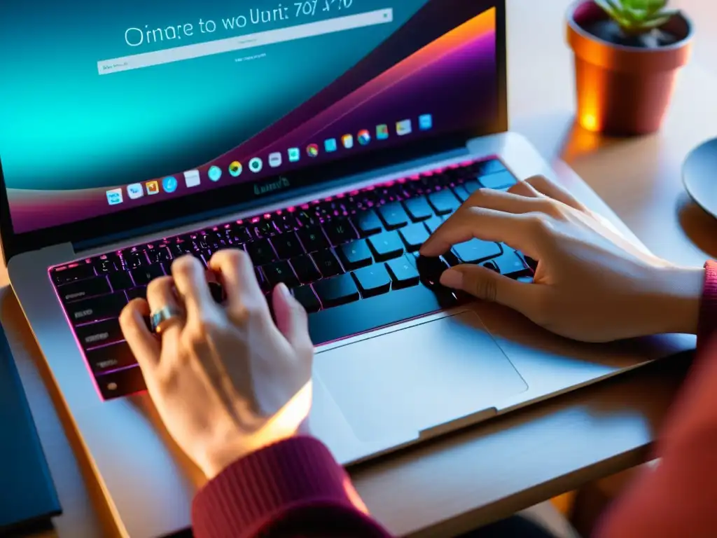 Una guía experta para explorar Ubuntu: manos escribiendo en un teclado moderno, con la pantalla brillante y una atmósfera profesional