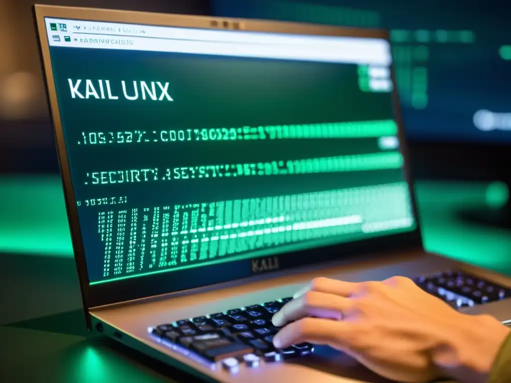 Un hacker concentradamente escribe código en la terminal de Kali Linux, mostrando su poder para la seguridad informática