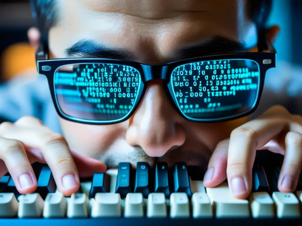 Un hacker concentrado escribe código mientras se refleja en sus lentes