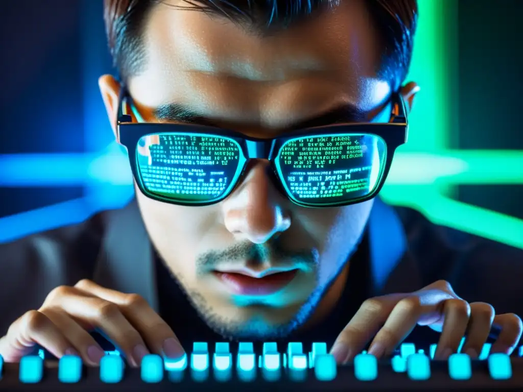 Un hacker concentrado escribe código en un teclado, con reflejos de algoritmos en sus gafas