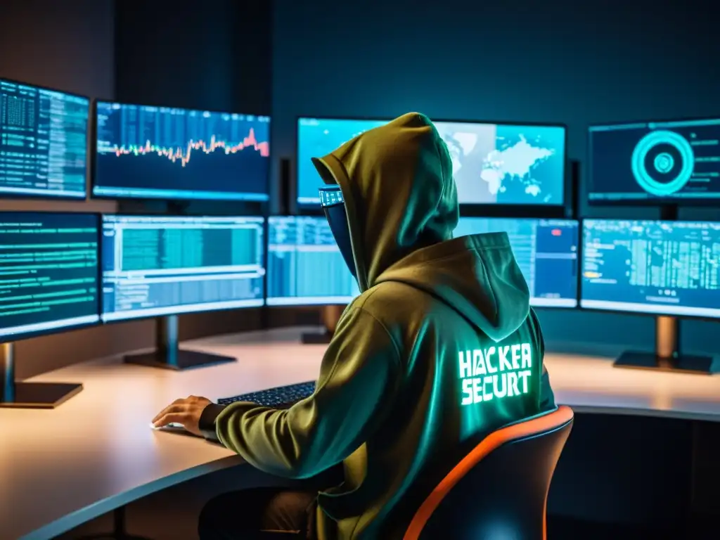 Un hacker en un entorno tecnológico, rodeado de pantallas y código, destaca la sofisticación del hacking ético con Parrot Security OS