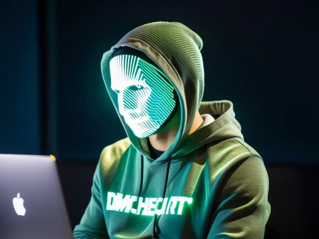 Un hacker ético concentrado usando Parrot Security OS herramienta hacking ético en una habitación con luz tenue y código proyectado en su rostro