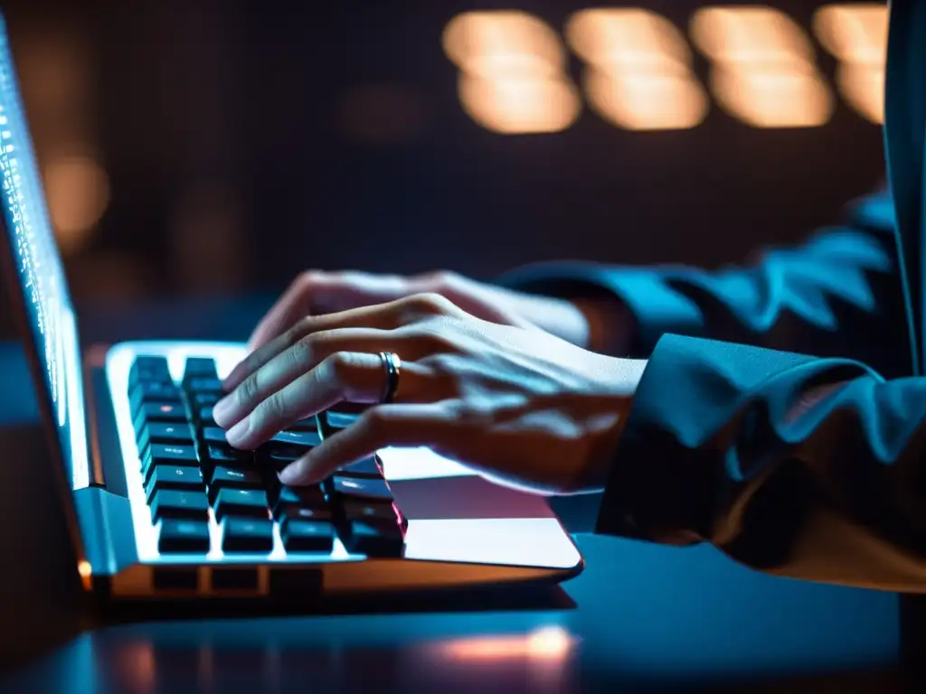 Experto hacker tecleando código con intensidad Un hacker concentra su mirada en líneas de código reflejadas en sus gafas mientras teclea furiosamente en un teclado iluminado en una habitación tenue