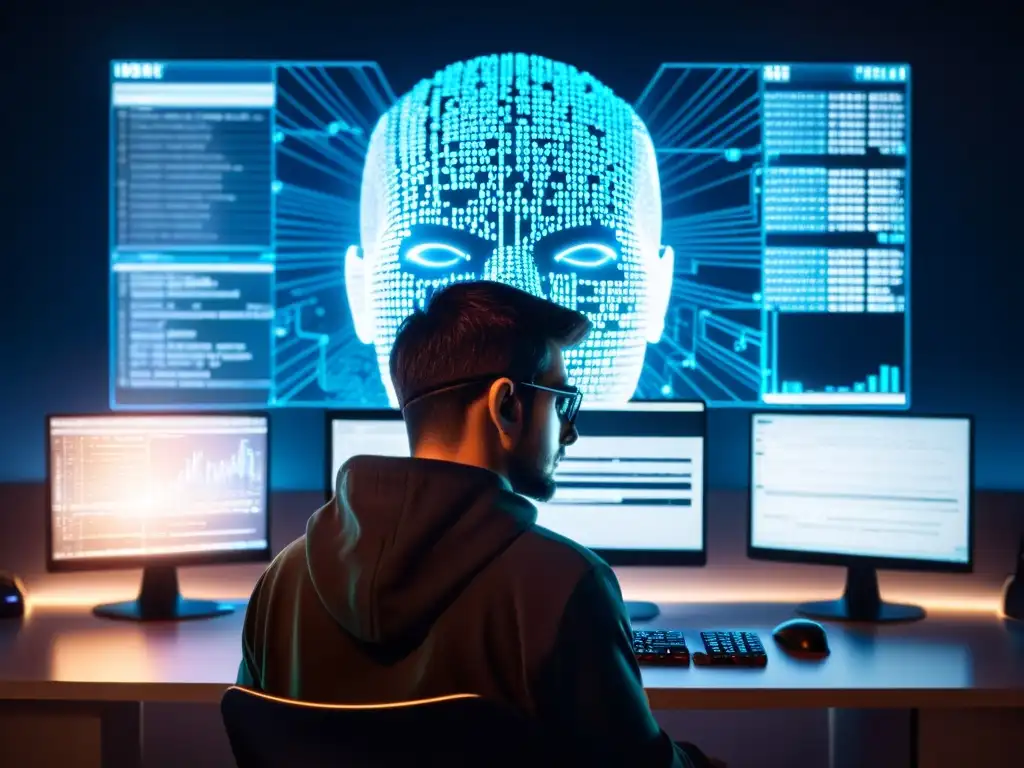 Un hacker en la penumbra, rodeado de código y diagramas, listo para atacar