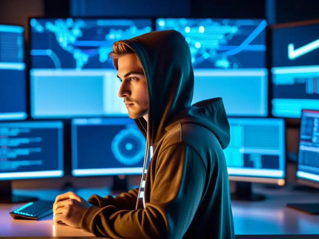 Un hacker rodeado de herramientas de hacking, en un ambiente misterioso y tenso, usando Parrot Security OS para ético hacking