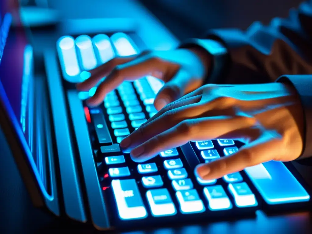 Un hacker teclea con determinación en un teclado iluminado, en una habitación llena de monitores con código